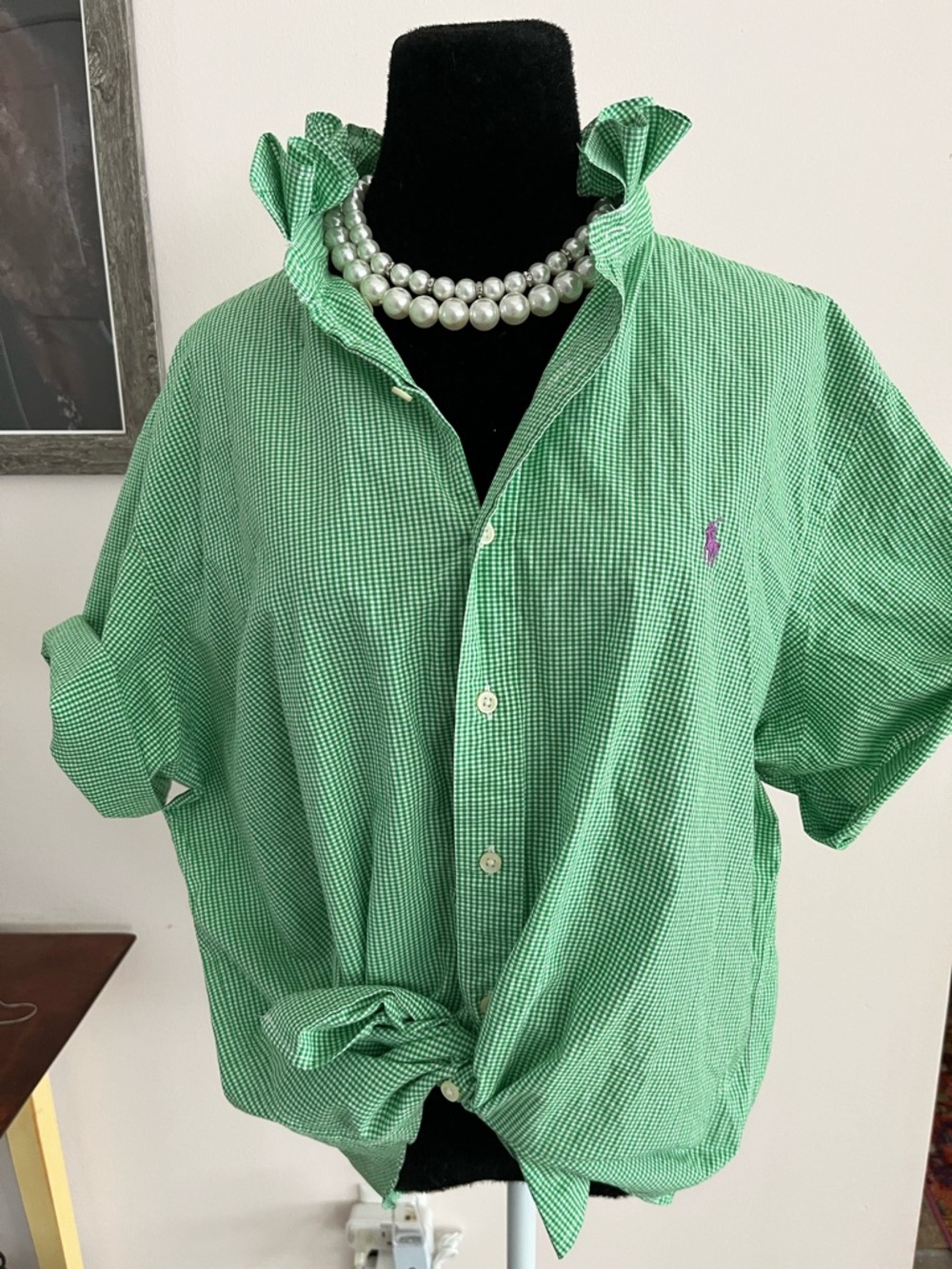 Upcycled Ralph Lauren Green Gingham Button-Down Shirt with Ruffle Collar